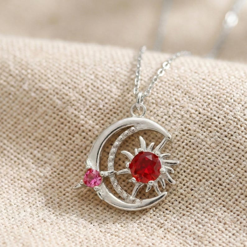 Sun and Moon Birthstone Necklace – 925 Sterling Silver Celestial Jewelry, Valentine’s Day Gift for Girlfriend
