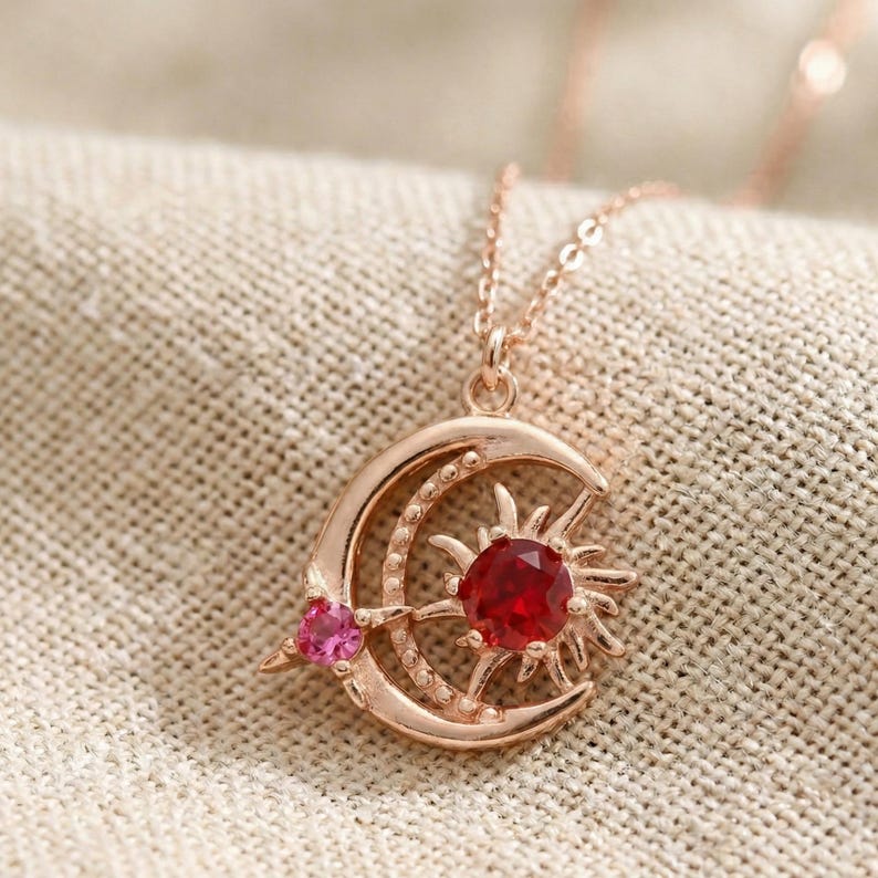 Sun and Moon Birthstone Necklace – 925 Sterling Silver Celestial Jewelry, Valentine’s Day Gift for Girlfriend