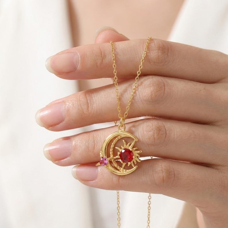 Sun and Moon Birthstone Necklace – 925 Sterling Silver Celestial Jewelry, Valentine’s Day Gift for Girlfriend