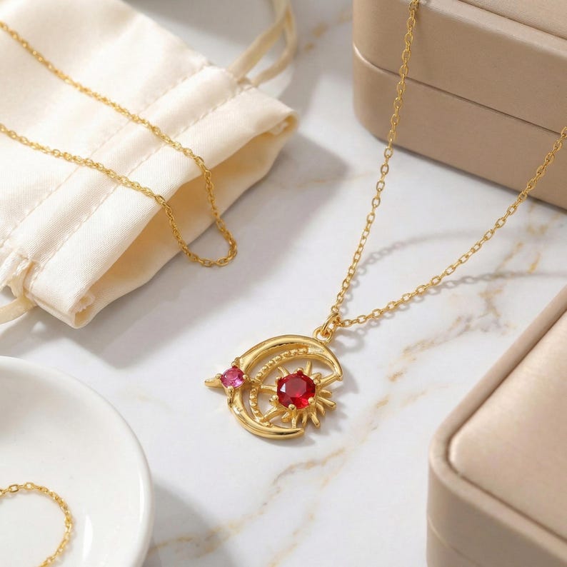 Sun and Moon Birthstone Necklace – 925 Sterling Silver Celestial Jewelry, Valentine’s Day Gift for Girlfriend
