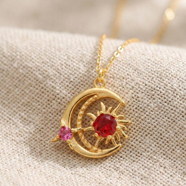 Sun and Moon Birthstone Necklace – 925 Sterling Silver Celestial Jewelry, Valentine’s Day Gift for Girlfriend